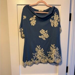 Valentino Blue Top with Cream Floral Embroidery